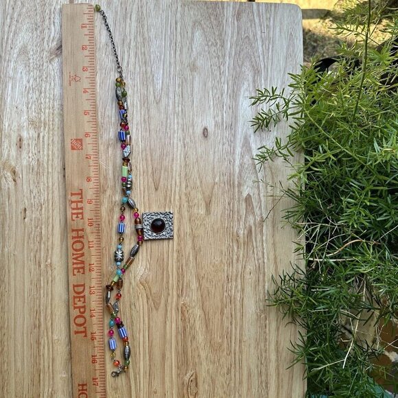VTG Pendant Necklace 17" Beaded Art Glass Multicolor Double Strand Adjustable - Picture 7 of 8